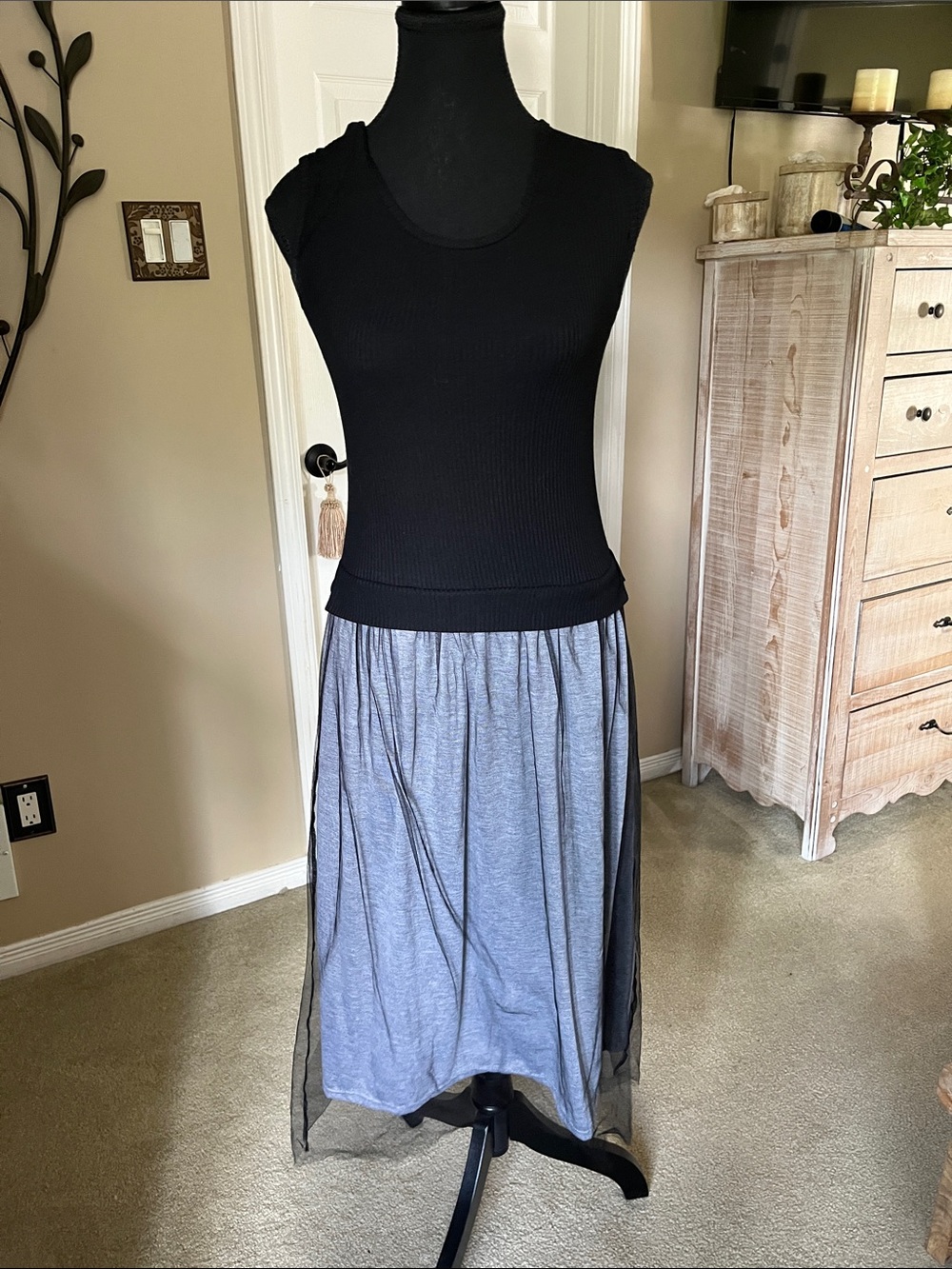 Women's Black Ribbed Tank & Gray Overlay Skirt MIDI Dress